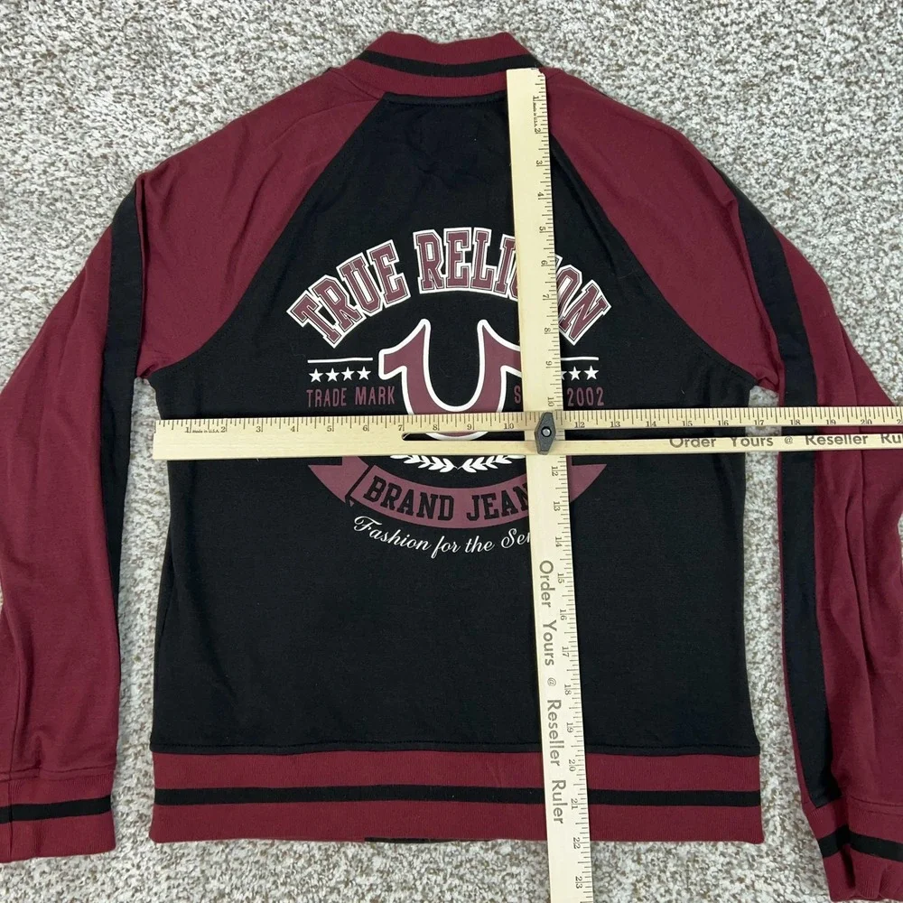 True Religion Jacket mens Small Black Red Raglan Bomber Sweatshirt Zip Graphic‎